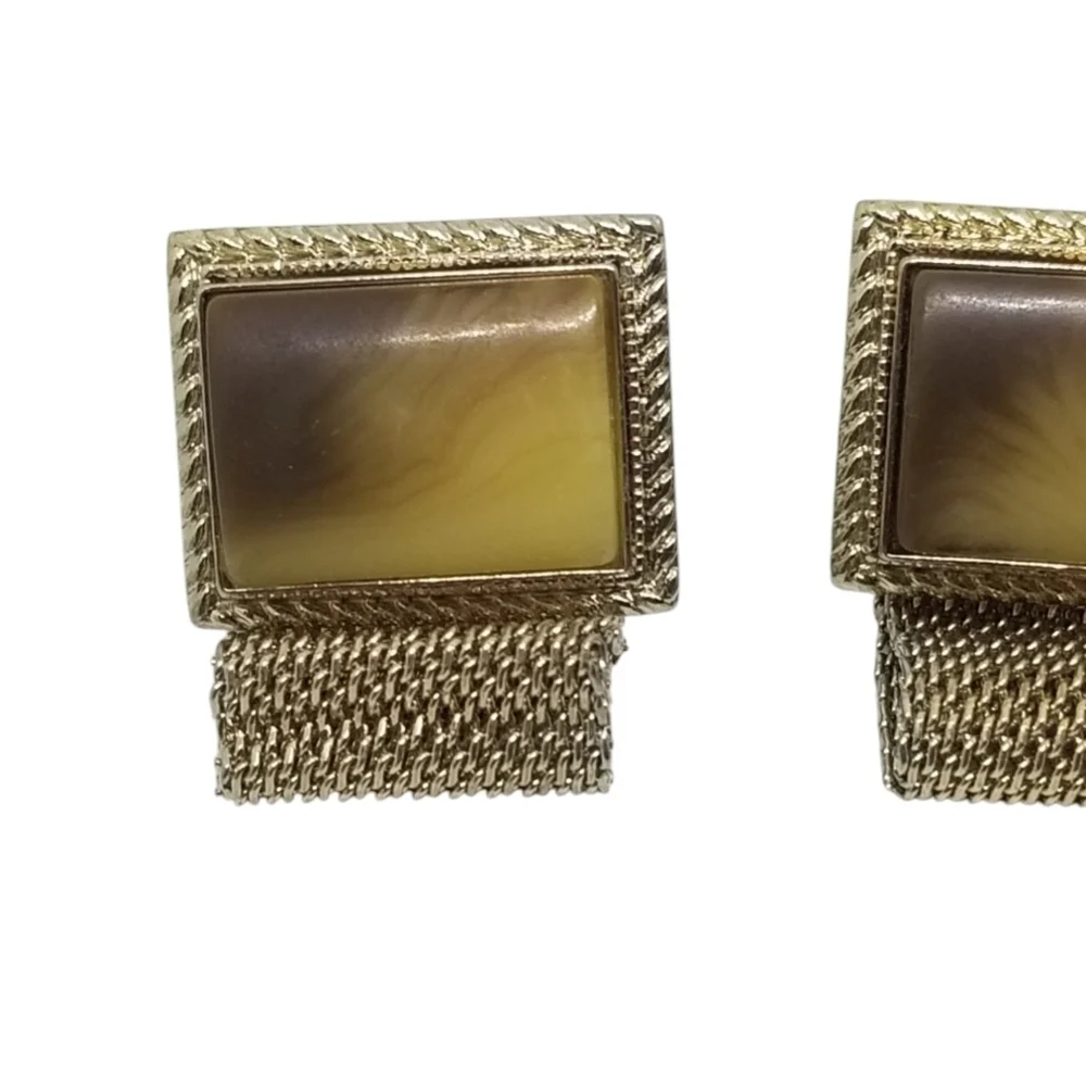 Retro 1970s Mesh Wrap Cufflinks - Root Beer & Butterscotch Swirl Cabochon